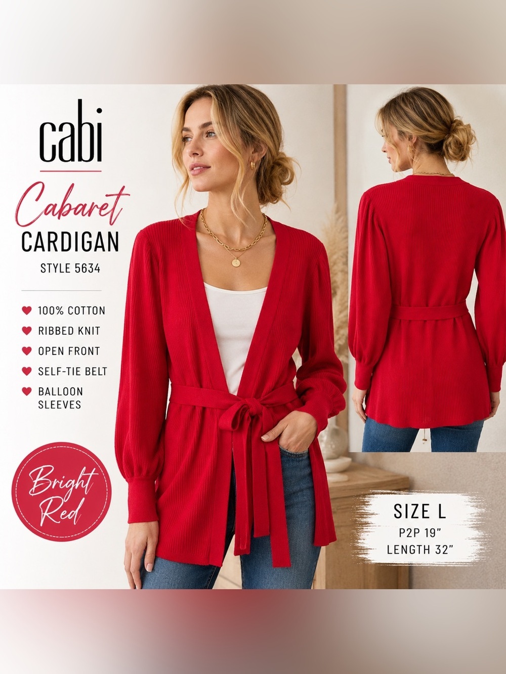 Cabi Cabaret Cardigan Style 5634 Red Ribbed Belted Cotton Wrap Sweater L